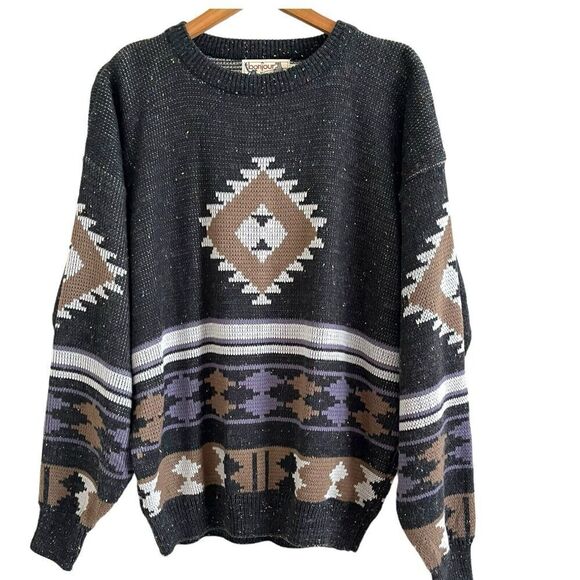 Vintage Bonjour International Y2K Grandpa Pullover Sweater L Aztec Boho Western - Picture 2 of 10